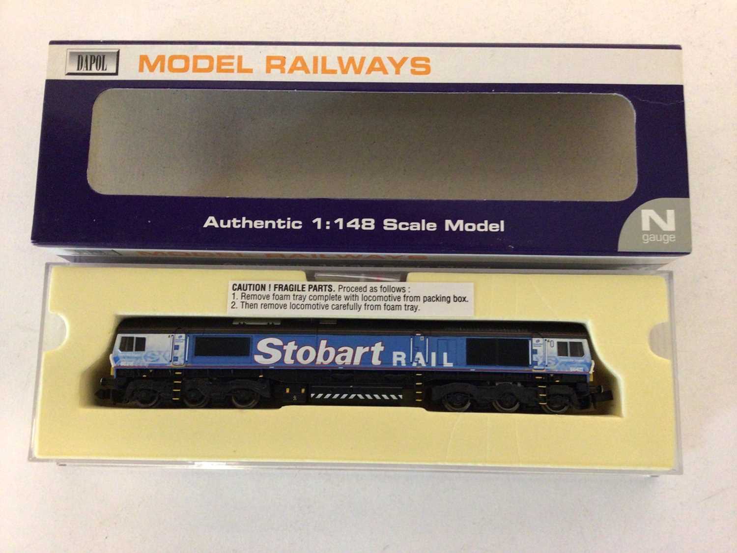 Lot 140 - Dapol N gauge ND-067 Class 66 Stobart Rail 66411 Eddie the Engine plus Twin Pack Megafret Wagons Less CO2 containers, No.2F-053-001 (x3), Stobart Rail containers No.2F-053-002 (x6) and Less CO2, No...