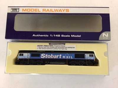 Lot 140 - Dapol N gauge ND-067 Class 66 Stobart Rail 66411 Eddie the Engine plus Twin Pack Megafret Wagons Less CO2 containers, No.2F-053-001 (x3), Stobart Rail containers No.2F-053-002 (x6) and Less CO2, No...