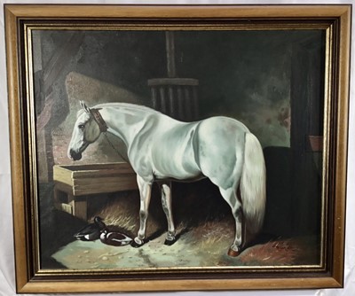 Lot 264 - Lucas Tesoriero (contemporary), oil on canvas, A grey hunter and some ducks in a stable, signed, in wooden frame. 50 x 60cm.