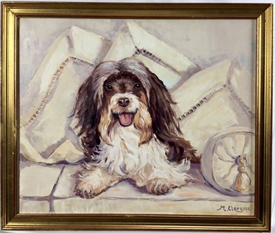 Lot 265 - Maggie Clarysse (1931 - 2011), oil on canvas, A cheerful Lhasa Apso amongst cushions, in gilt frame, signed, also signed and labelled verso. 46 x 55cm.