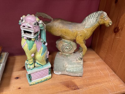 Lot 213 - Antique Chinese ceramic roof tile, in the form of a horse, together with a Chinese dog of fo incense holder