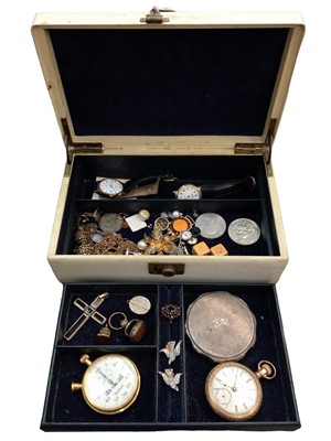 Lot 1001 - Jewellery box containing two antique seal fobs, fold out locket, silver cross pendant, silver powder compact, American Elgin gold plated pocket watch, Hanhart stop watch and other bijouterie