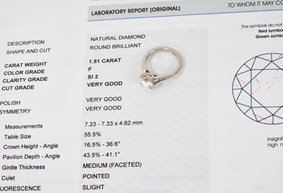 Lot 636 - Diamond single stone ring with a round brilliant cut diamond weighing 1.51cts in platinum four claw setting with graduated diamond set shoulders on platinum shank. Accompanied by a Diamond Report b...