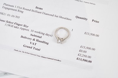 Lot 636 - Diamond single stone ring with a round brilliant cut diamond weighing 1.51cts in platinum four claw setting with graduated diamond set shoulders on platinum shank. Accompanied by a Diamond Report b...