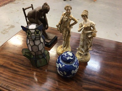 Lot 12 - 19th century Chinese blue and white prunus jar and cover, a Tiffany style glass owl lamp, a pair of continental porcelain figures, and a composite sculpture by Antonio Campillo, signed