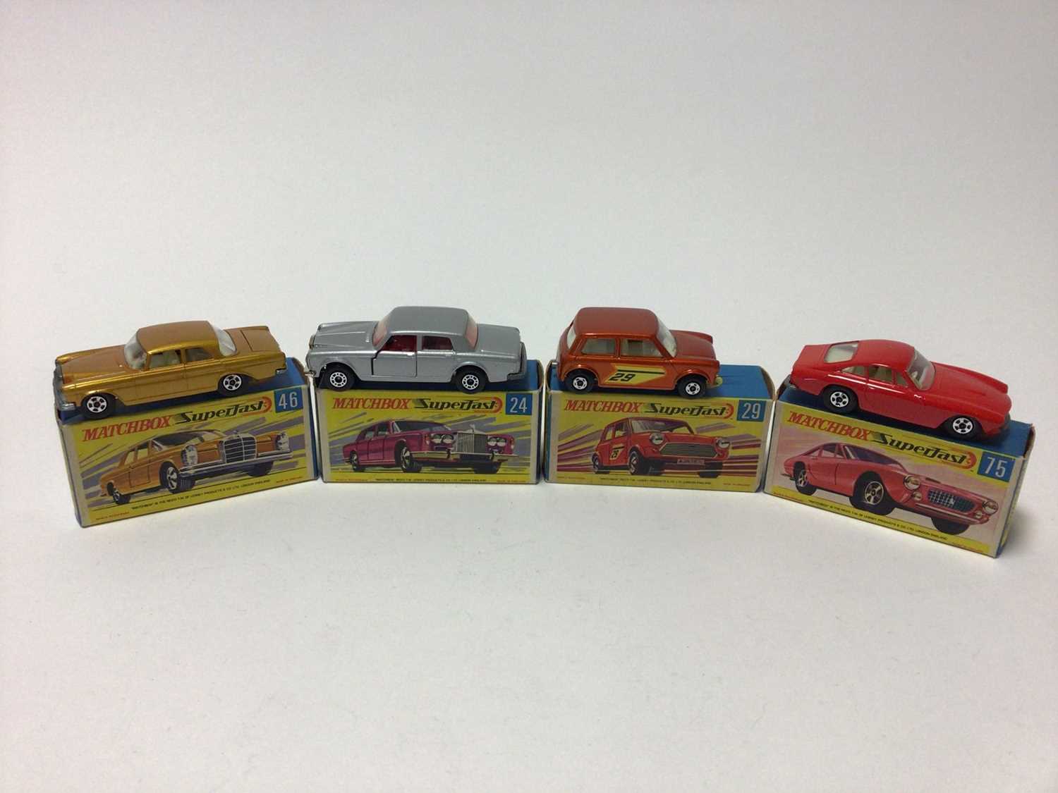 Lot 206 - Matchbox 1-75 Series Superfast models No.29 Racing Mini, No.46 Mercedes 300 SE, No.36 Draguar, No.24 Rolls Royce Silver Shadow, No.22 Pontiac Coupe, No.75 Ferrari Bertinelta, No.31 Lincoln Continen...