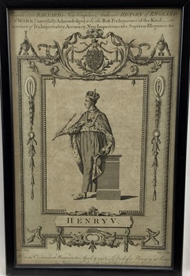 Lot 91 - Pair of 19th century engravings of King Henry V and King Henry VII, 33cm x 20.5cm and 30cm x 18.5cm in ebonised frames