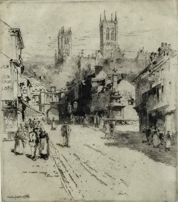 Lot 83 - Charles John Watson (British 1846-1927) etching on woven paper - Cathedral and street scene, 1896, 22cm x 18.5cm, framed