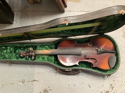 Lot 221 - Old violin with Stradivarius label, and bow in case