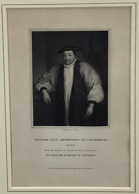 Lot 82 - 19th century engraving - portrait of William Laud Bishop of Canterbury, dated 1830, 23cm x 15cm, framed.  
Appointed by King Charles I in 1633, arrested by Parliament in 1640 and executed near the...