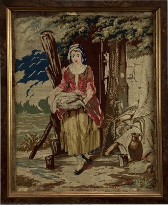 Lot 81 - Two Victorian needlework pictures - fishing scenes, 42cm x 34cm and 38cm x 50cm