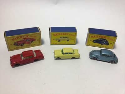 Lot 217 - Matchbox 1-75 Series No.59 Fire Chiefs Car, No.57 Chevrolet Impala, No.45 Vauxhall Victor, No.53 Mercedes benz Coupe, No.25 Volkswagen Sedan, No.38 Vauxhall Victor Estate Car, all boxed (6)