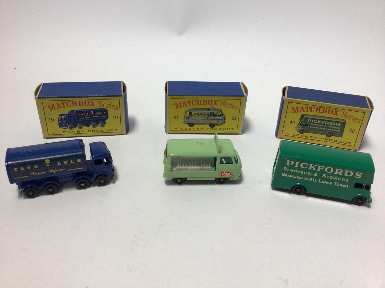 Lot 226 - Matchbox 1-75 Series No.15 Refuse Truck, No.37 Coca-Cola Lorry, No.21 Milk Delivery Truck, No.5 Routemaster, No.10 Sugar Container, No. 46 Pickfords Removal Van, all boxed