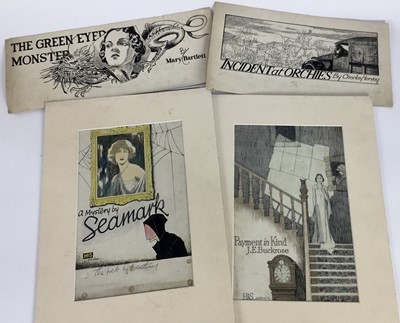 Lot 233 - Eugene Hastain, early 20th century, pen, ink and watercolour dust wrapper design for 'The Web of Destiny', 30cm x 20cm, another for 'Payment in Kind' by J. E. Buckrose, together with two further pe...