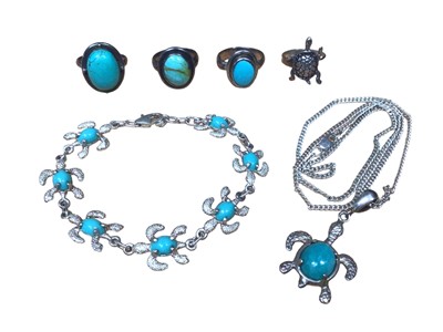 Lot 66 - Galapagos silver turtle pendant set with a turquoise colour cabochon on silver chain, together with a similar style bracelet and four silver rings