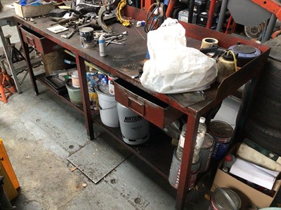 Lot 1 - Metal work bench, with upstand, two drawers and under shelf, 2130mm x 780mm