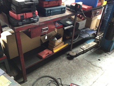 Lot 2 - Metal work bench, with upstand, two drawers, under shelf and fitted vice, 2130mm x 780mm