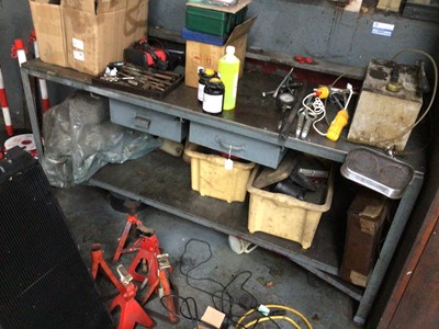 Lot 4 - Metal work bench, with raised rear shelf, two drawers and under shelf, 1800mm x 610mm