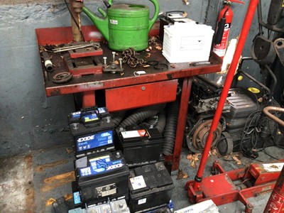 Lot 5 - Metal work bench, with upstand, drawer and undershelf, plus fitted pillar drill, 1010mm x 650mm