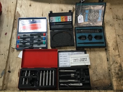 Lot 54 - Locking wheel nut remover, cased, Time-sent thread repair kit, cased, and sundry tools - all cased (5)