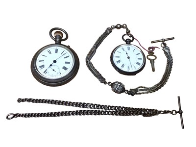 Lot 174 - Late Victorian/Edwardian double-sided pocket watch and a Victorian silver fob watch on Albertina chain