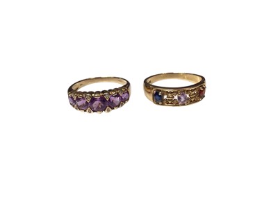 Lot 177 - 9ct gold amethyst five stone ring interspaced with diamond set claws and a 9ct gold amethyst, garnet and sapphire ring