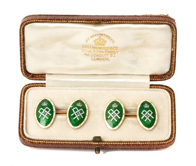 Lot 13 - H.M.Queen Alexandra, fine pair Royal presentation gold 18ct, green and white enamel cufflinks in fitted case with gilt crowned cipher to lid