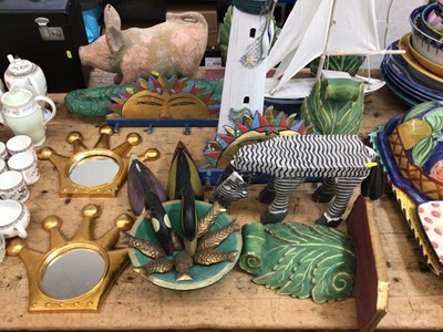 Lot 28 - Group of mostly wooden and papier mache items, including painted wall brackets, mirrors, papier mache pig and seahorse, etc