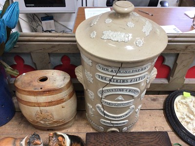 Lot 30 - Lambeth stoneware gin barrel, together with a very large stoneware Atkins Patent Filter