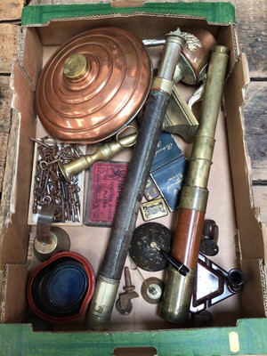 Lot 35 - A single drawer telescope signed Ross London, together with another telescope, metalwares, etc