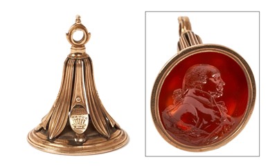 Lot 6 - Fine George III gold fob seal, engraved with Curzon crests and coronet, the cornelian matrix finely cut with a profile of Earl Howe 
Provenance in main description