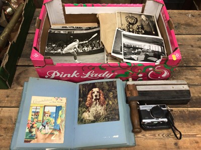 Lot 36 - Group of press photographs including of Wimbledon / tennis interest, album of greetings cards, Olympus Trip camera and an old rattle