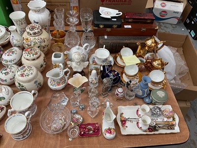 Lot 592 - Miscellaneous group of items to include china, glass, ornaments, Limoges, Wedgwood, Hohner Super Chromonica, writing set in box, Victorian bible