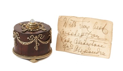 Lot 2 - H.M. Queen Alexandra, fine Imperial Russian Fabergé silver gilt mounted hardwood circular bell push with moonstone cabochon button.