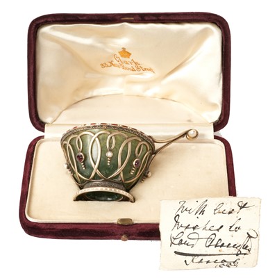 Lot 3 - H.R.H. Princess Alexandra of Wales (later Queen Alexandra), fine Russian-style silver gilt, enamel and nephrite Kovsck set with natural pearls and garnets retailed by the Royal Court Jewellers Clar...