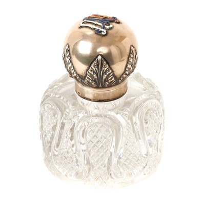 Lot 185 - Monumental Imperial Russian Fabergé silver and enamel and cut glass inkwell the globular hinged lid with Cyrillic three colour enamel monogram and acanthus leaf decoration to border, fine hobnail c...