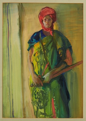 Lot 1291 - *Gerald Spencer Pryse (1882-1956) watercolour - Fulani Swordsman, 55cm x 39cm, titled verso and to label, with mount, unframed
