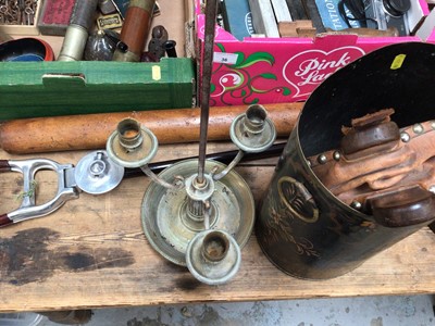 Lot 37 - Antique oversized fruitwood rolling pin, shooting stick, bellows, toleware bucket and a brass candlestick