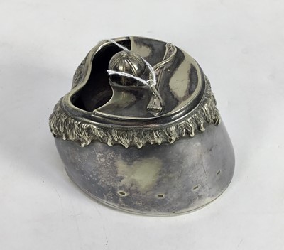 Lot 773 - Victorian silver plated horse hoof desk tidy mounted with jockey cap and riding crop