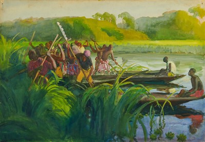 Lot 1283 - *Gerald Spencer Pryse (1882-1956) watercolour - Sudd Cutting, Oluwa River, 54cm x 77.5cm, titled verso, unframed