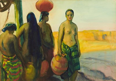 Lot 1280 - *Gerald Spencer Pryse (1882-1956) watercolour - Women at the well, 54cm x 77.5cm, inscribed verso, unframed
