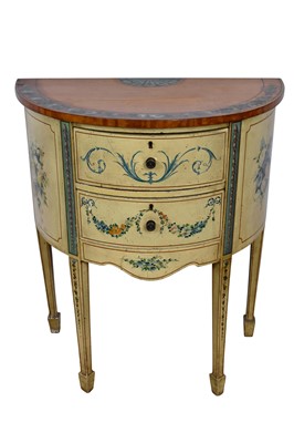 Lot 1467 - Regency style polychrome painted and satinwood demi-lune commode