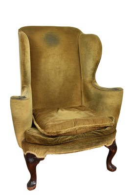 Lot 1120 - 18th century wing back armchair, leaf green velvet upholstered on walnut cabriole legs and pad feet