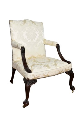 Lot 1424 - George III style mahogany Gainsborough armchair, with cream silk damask upholstery raised on ornate carved cabriole legs and castors