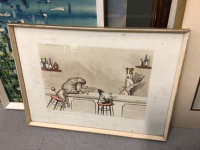 Lot 100 - Group of pictures, including a watercolour by Phyllis del Vecchio, a signed print of the Tower of London by Jeremy King, watercolours, oils, maps, French dog print, etc