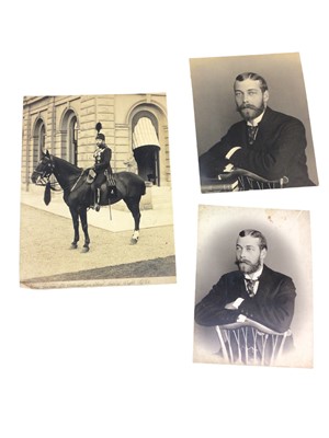 Lot 48 - H.R.H. Prince George Duke of York (later King George V), fine portrait photograph of the Prince on horseback wearing the uniform of Colonel of the Isle of Wight Rifles outside Osborne House in 189...