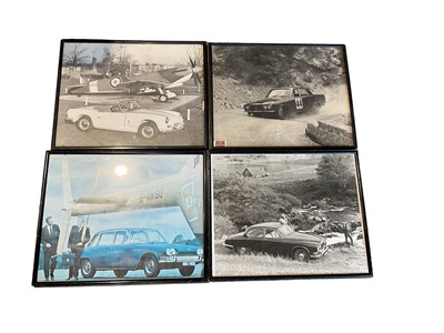 Lot 547 - Set of four British Leyland era framed photographs of cars including a Rover P6 Rally car, Jaguar and Triumph models (4)