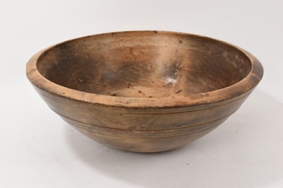 Lot 1465 - Very large 18th / 19th century turned sycamore dairy bowl, with plain banded decoration, 49cm diameter x 17.5cm high