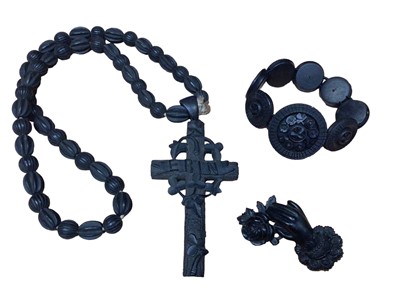 Lot 79 - Victorian Irish bog oak carved cross pendant, bracelet and brooch