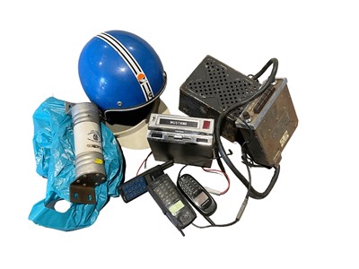 Lot 561 - Collection of mixed automobilia to include a Mustang branded radio, other car radios and a crah helmet. (1 box)